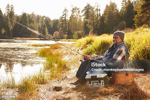 Senior Afroamerikanischer Mann Angeln Am See Stockfoto und mehr Bilder von Fischen - Fischen, Männer, Alter Erwachsener