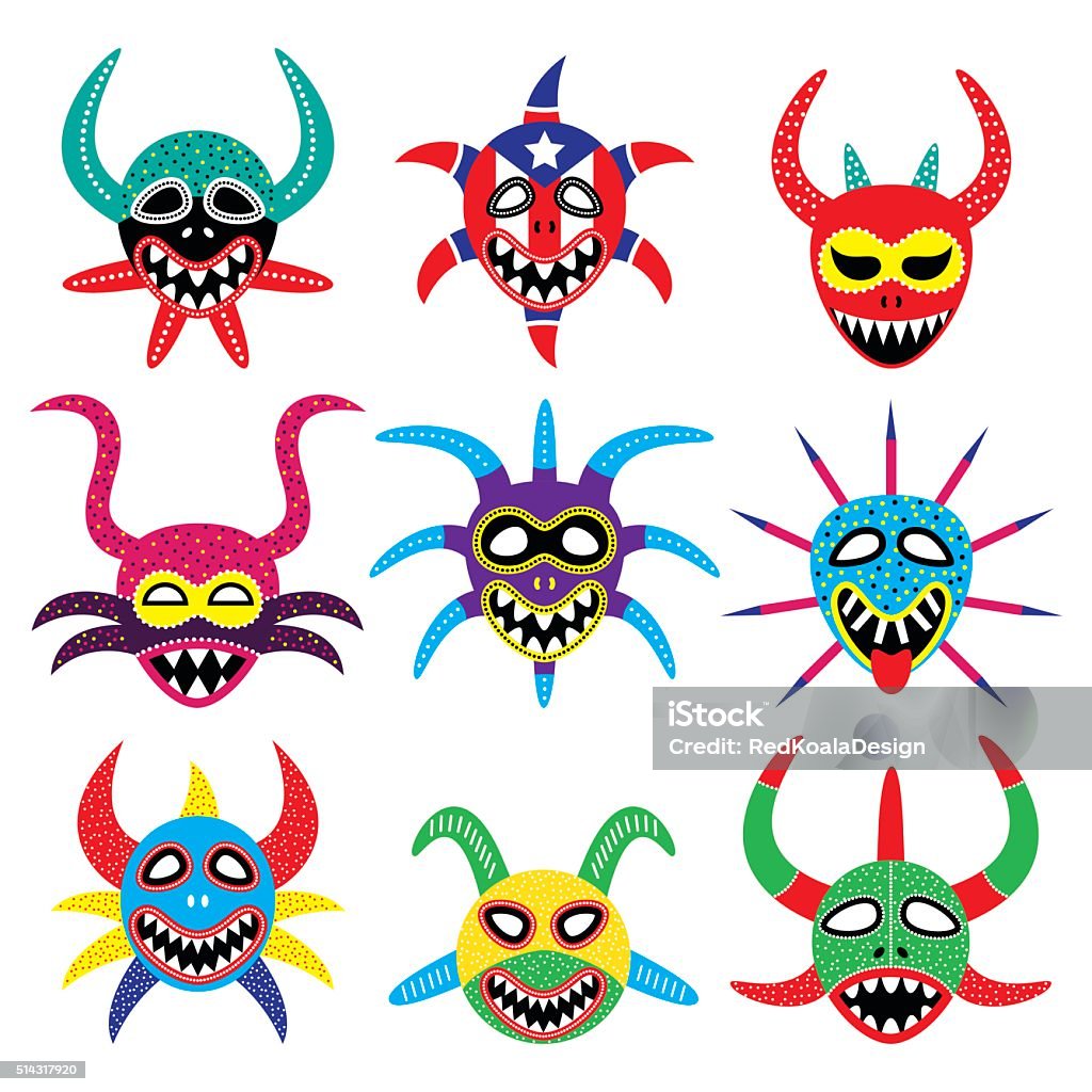 Vejigante mask for Ponce Carnival in Puerto Rico icons Vector icons set of Puerto Rican carnival masks isolated on white  Puerto Rico stock vector