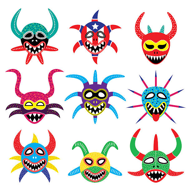 Vejigante mask for Ponce Carnival in Puerto Rico icons Vector icons set of Puerto Rican carnival masks isolated on white  puerto rico stock illustrations