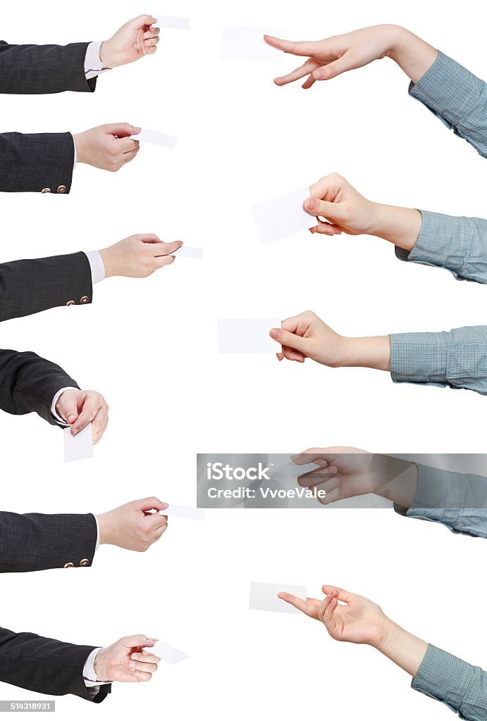 set of visiting cards in businesman hands set of businesman hands with visiting cards isolated on white background Sleeve Stock Photo