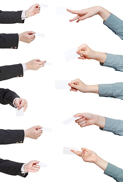 set of visiting cards in businesman hands set of businesman hands with visiting cards isolated on white background blouse photos stock pictures, royalty-free photos & images
