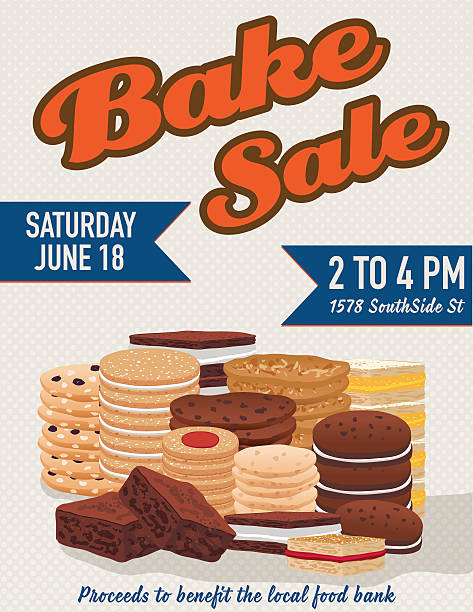 Bake sale poster template With Cookies Brownies and Bars Bake sale poster template. There are stacks of assorted cookies, brownies and bars. Includes space for text to add details about the event. Great for fundraisers and charity events. Brown and pink theme. chocolate chip cookie drawing stock illustrations