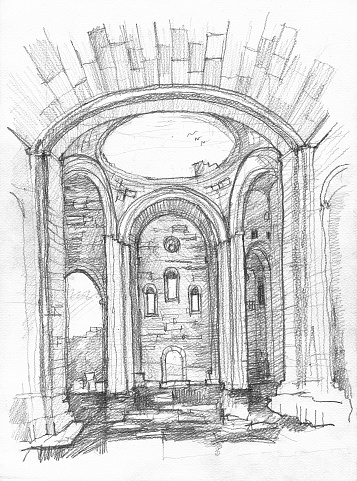 Interior of an ancient Cathedral of Ani in Turkey. Made by pencil sketch on paper.