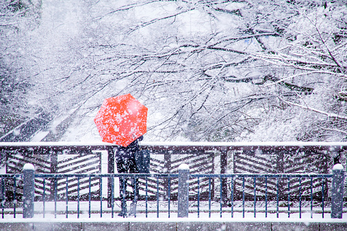 Keage incline, Kyoto city, Japan: 14 February 2014, A woman with red umbrella is turning her back and staring in the snow scene.