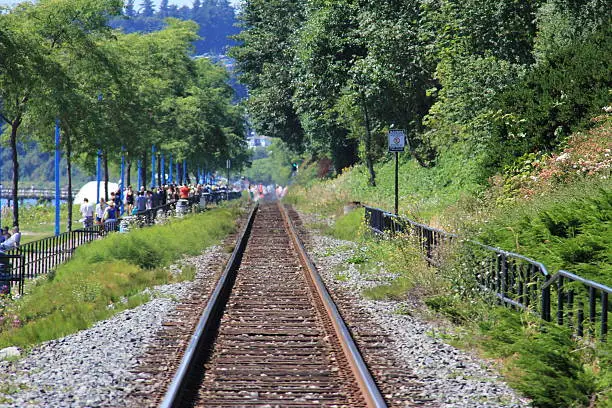 A horizontal image of the BNSF mainline through White Rock, BC, Canada. The city is asking to have the live relocated away from the tourist heavy waterfront.