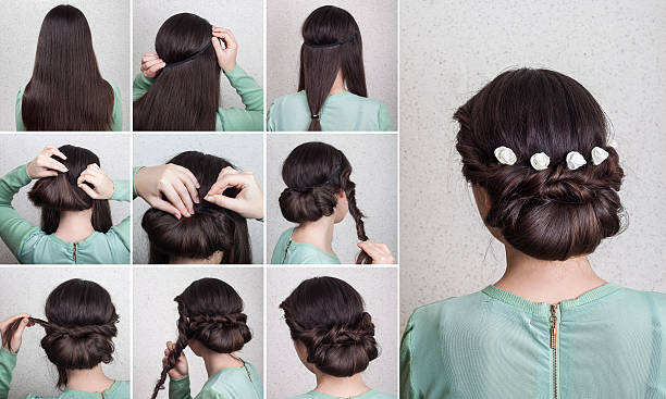 Simple hairdo self tutorial Simple beautiful hairdo for long hair with flowers self tutorial braided buns stock pictures, royalty-free photos & images