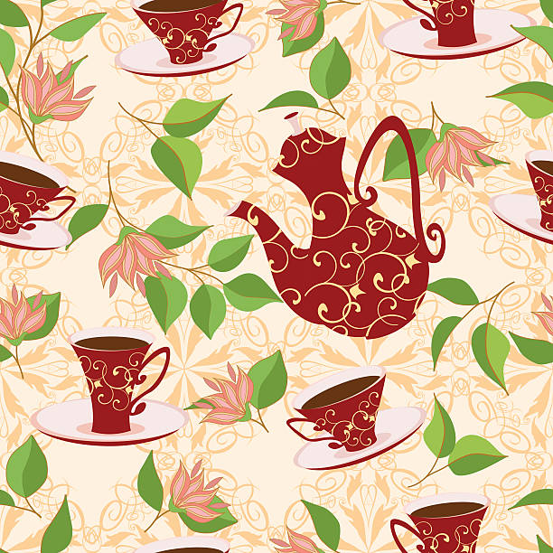 이음새 없는 패턴, 티포트, 차 컵 페인팅되어 꽃. - tea cup coffee cup teapot domestic kitchen stock illustrations