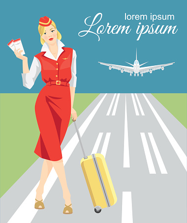 Abstract design banners with flight attendants. Stewardess holding ticket and travel case in her hand. Woman in formal clothes. The runway and the airport behind  flight attendants 