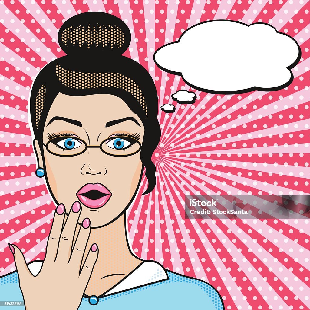 Pop-art surprised business woman face with open mouth in glasses Pop art surprised business woman face with open mouth in glasses with speech bubble for message in retro comic style Comic Book stock vector