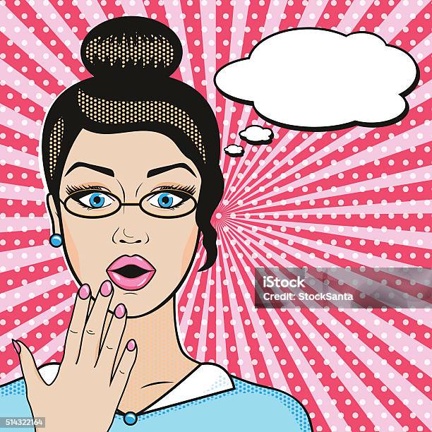 Popart Surprised Business Woman Face With Open Mouth In Glasses Stock Illustration - Download Image Now