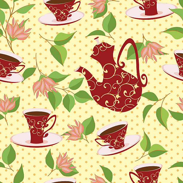 이음새 없는 패턴, 티포트, 차 컵 페인팅되어 꽃. - tea cup coffee cup teapot domestic kitchen stock illustrations