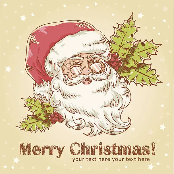 Vector illustration of Christmas retro postcard with cute smiling Santa Claus