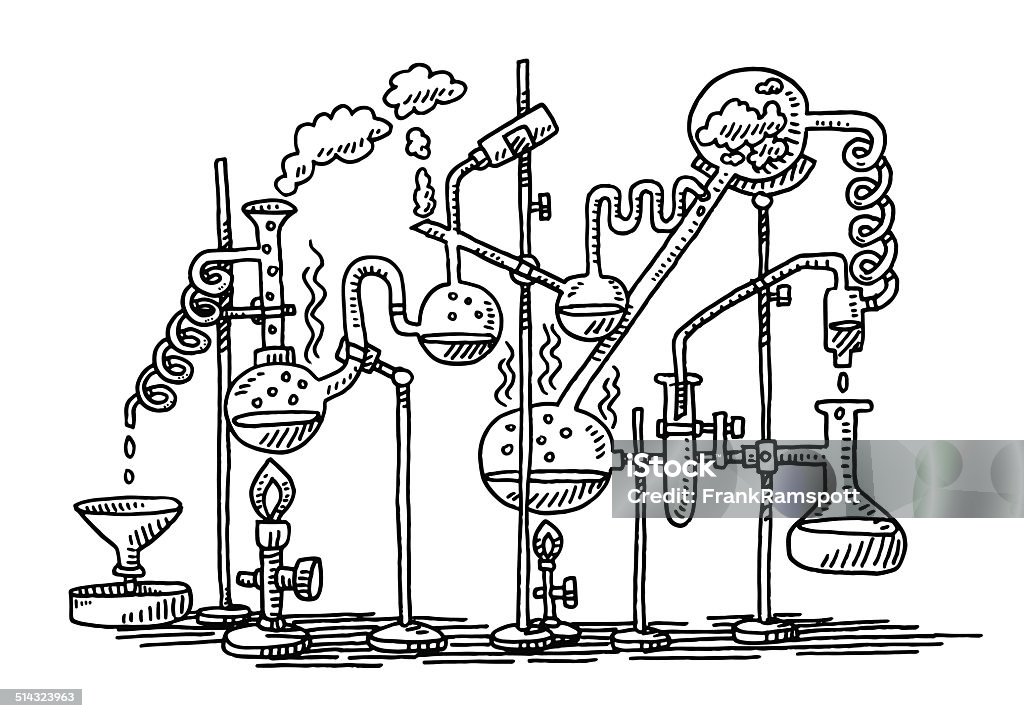 Chemistry Experiment Laboratory Drawing Hand-drawn vector drawing of a Chemistry Experiment in a Laboratory. Black-and-White sketch on a transparent background (.eps-file). Included files are EPS (v10) and Hi-Res JPG. Science stock vector