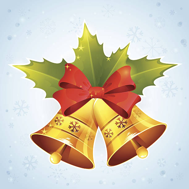 istock Christmas golden bells with holly leaves and festive red bow 514324435