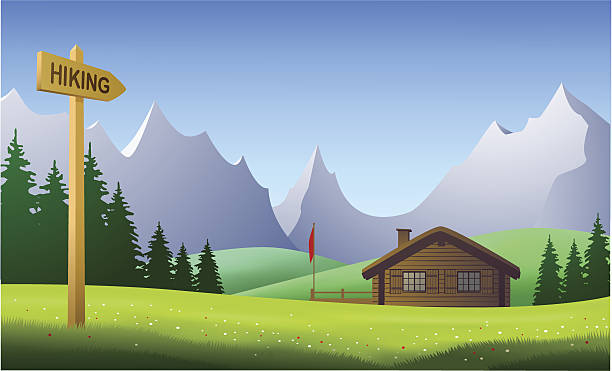 Hiking, mountain landscape on a beautiful day in the summertime Mountain landscape on a beautiful day in the summertime. Download contains EPS 8, AI 8, AI CS5, PDF, JPEG (8296 x 5026px), no transparencies. All elements are in seperate layers and grouped. hut stock illustrations