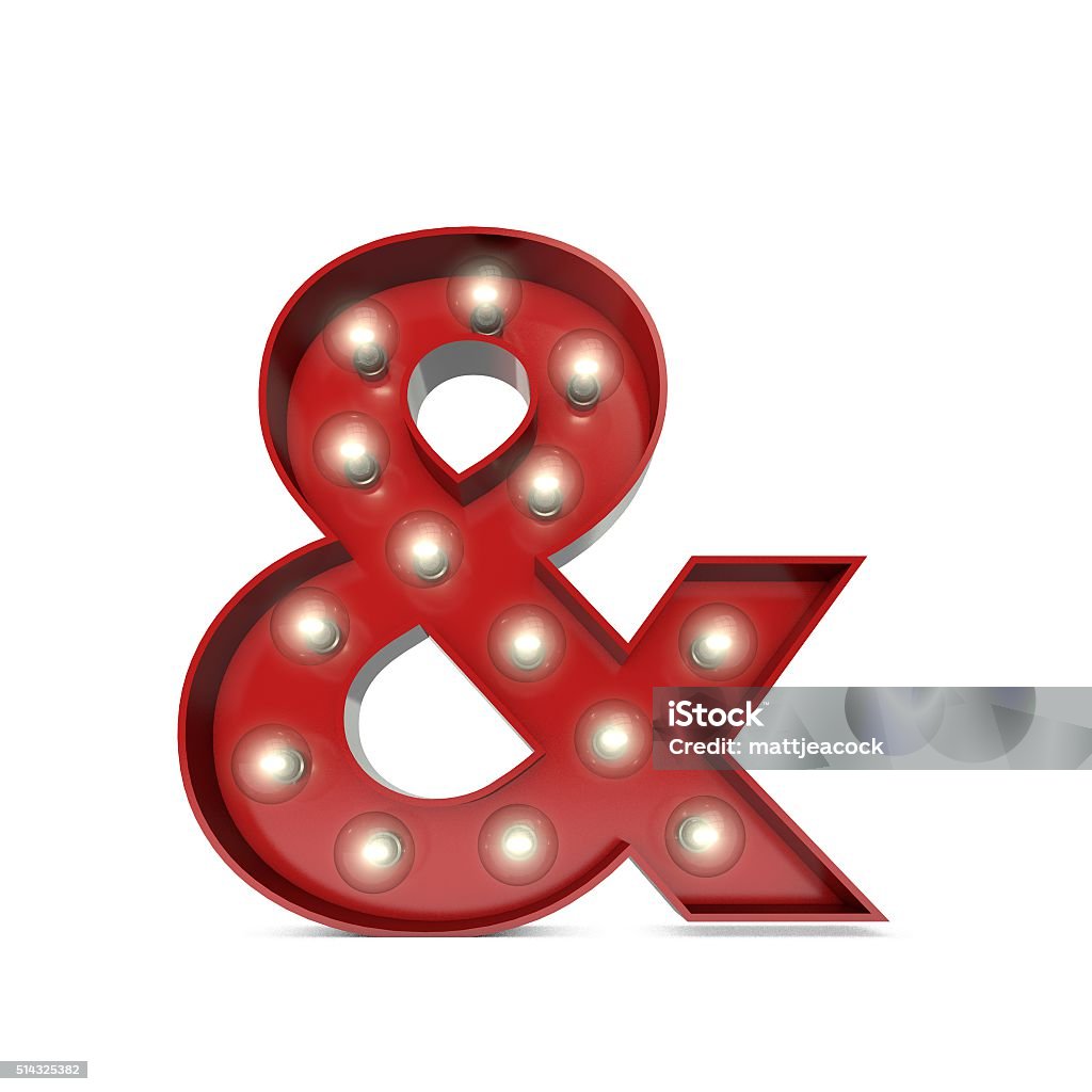 Showbiz cinema movie theatre illuminated and symbol Showbiz style and symbol on a plain white background. The Letter is red with illuminated glowing lightbulbs. The style is a retro movie theatre design. Ampersand Stock Photo