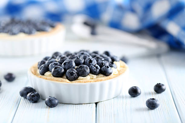 istock Blueberry tart on blue wooden table 514327026