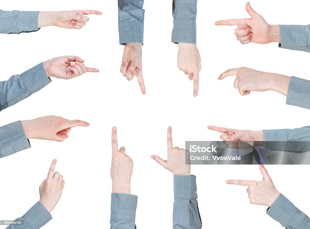 set of female hand gesture with forefinger set of female hand gesture with forefinger isolated on white background Sleeve Stock Photo