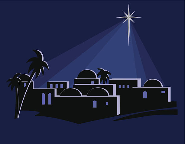 Star Over Bethlehem Isolated illustration of the town of Bethlehem at night, at the time of the birth of Jesus, with a bright star shining down on the buildings. bethlehem star stock illustrations