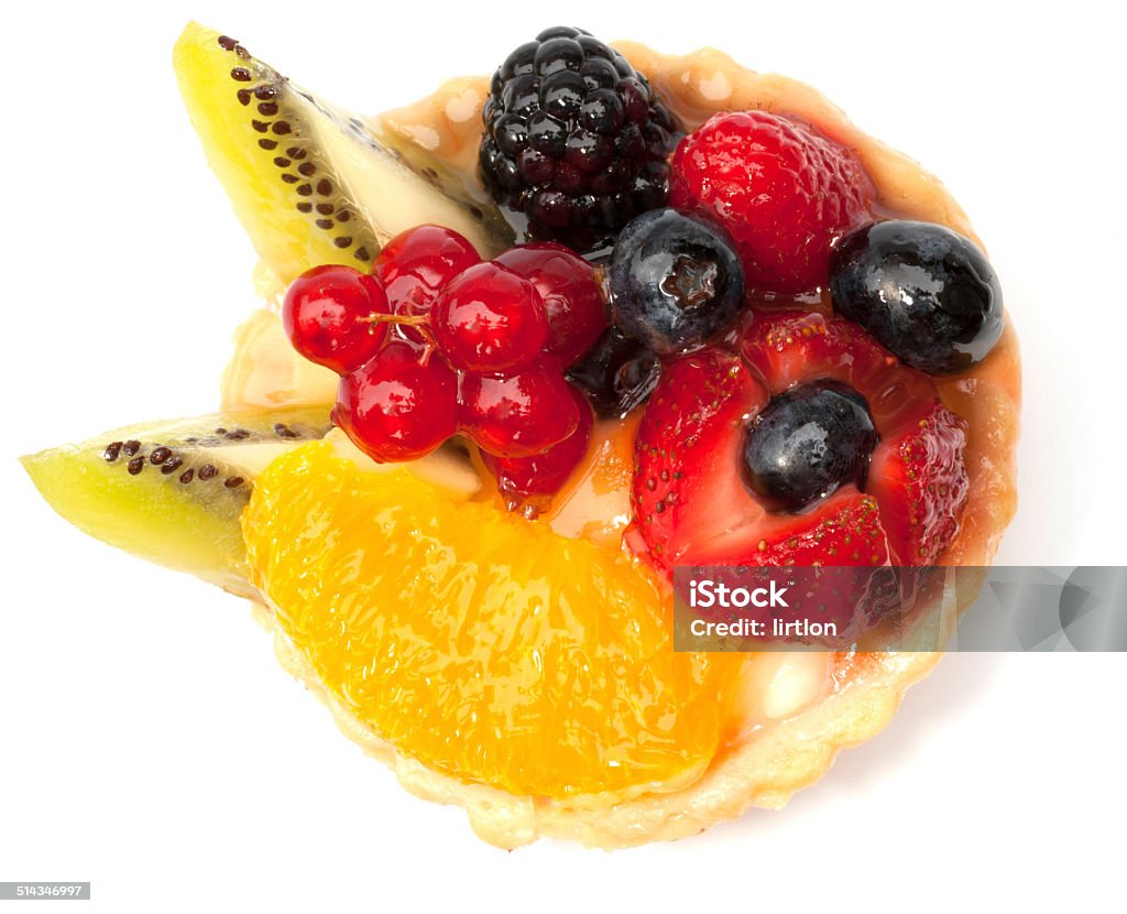 Custard pie with mixed fruits isolated on the white baclground Baked Stock Photo