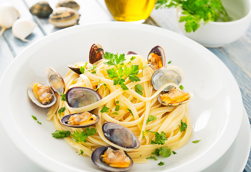 Plate of spaghetti with clams.