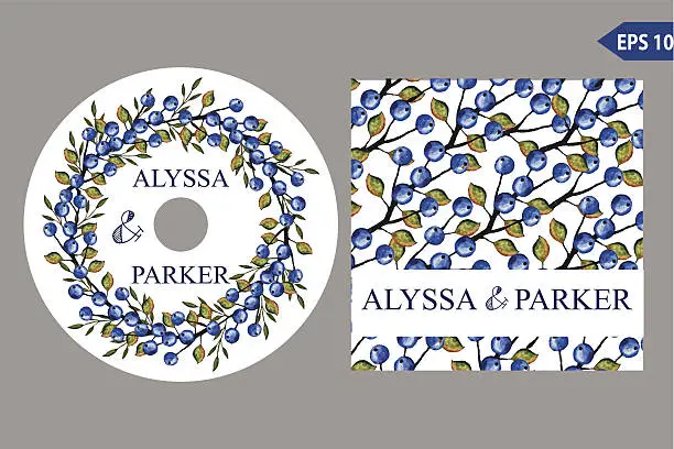 Vector illustration of Autumn wedding CD template set.Watercolor leaves wreath
