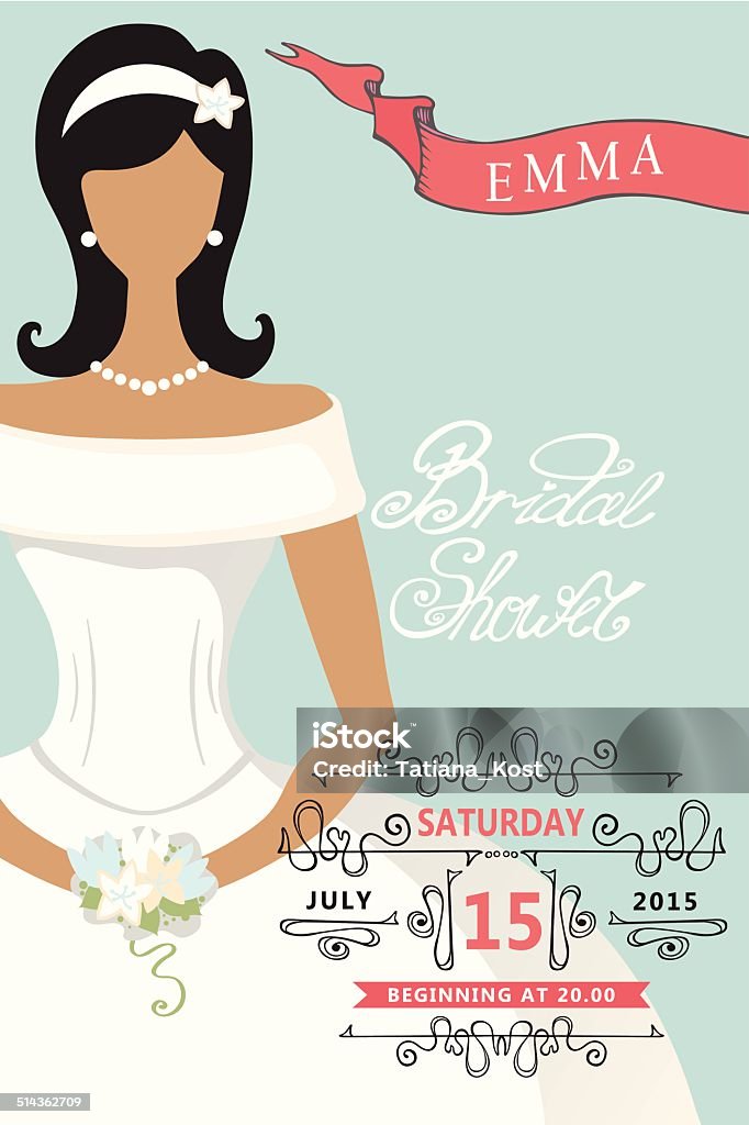 Bridal shower invitation with lovely bride female Retro  Bridal shower invitation. Cute cartoon  bride with Decor elements : vignettes,ribbons,handwriting text.Decorative elements in the style of art Nouveau.Vector design template Adult stock vector