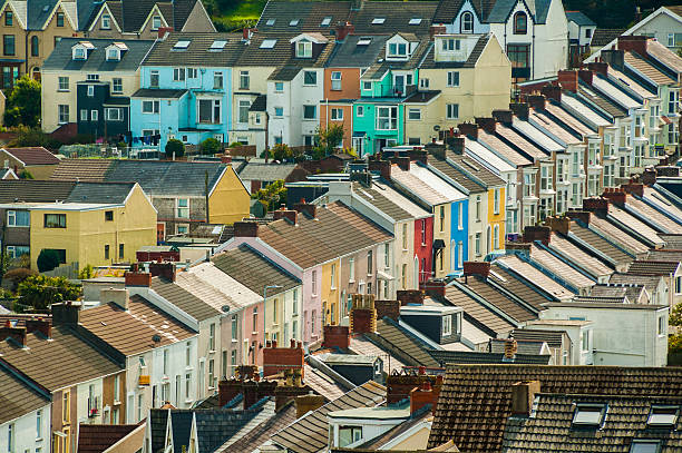 British Terraced Housing British terraced housing in southern Wales. gower peninsular stock pictures, royalty-free photos & images