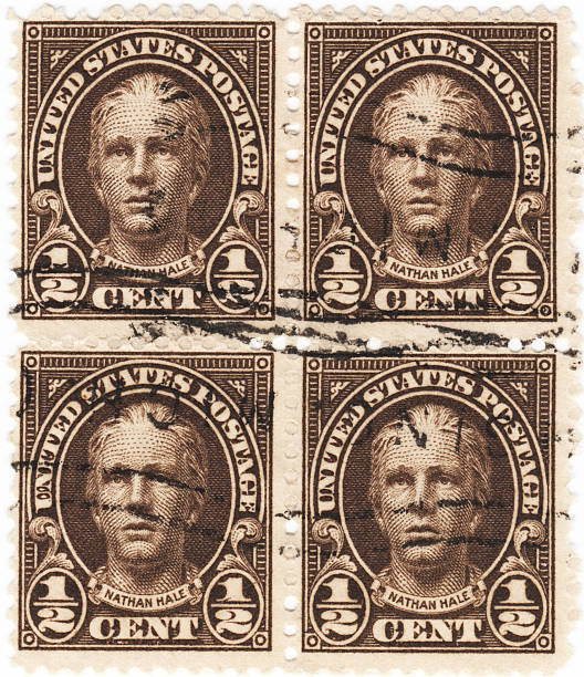 Nathan Hale 1929 Half Cent Stamp Brown Tone Nathan Hale 1929 Half Cent Stamp Brown Tone - Vintage US Postage 1920 1929 stock pictures, royalty-free photos & images