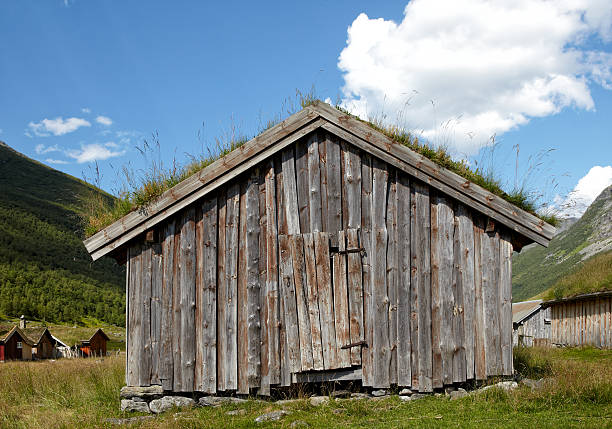 istock Traditional small wooden cabin with grass roof 514365879