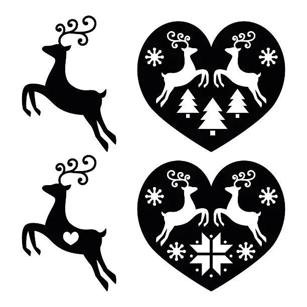 Vector illustration of Reindeer, deer jumping, Christmas icons set