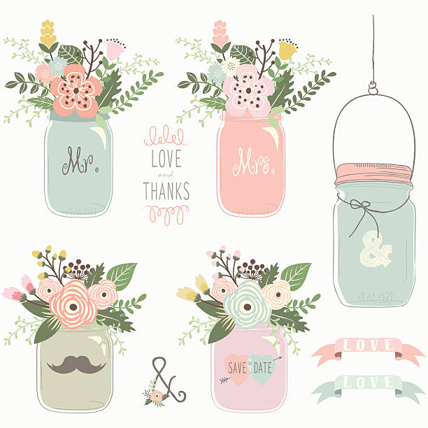 illustrations, cliparts, dessins animés et icônes de fleuri vintage mason jar- illustration - flower pot