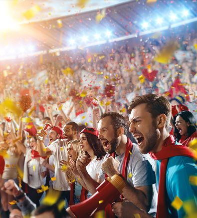 :biggrin:On the foreground a group of cheering fans watch a sport championship on stadium. Everybody are happy. People are dressed in casual cloth. Colourful confetti flies int the air.