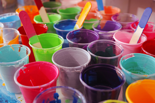 Colourful Paint Cups With Mixing Stick
