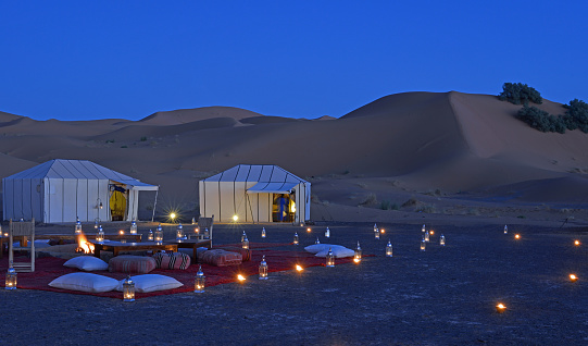 Night view of a camp at the Sahara Desert in Morocco. 