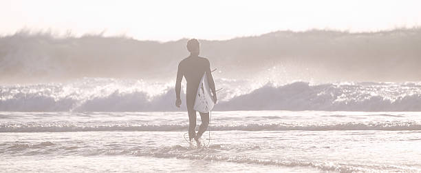 istock Silhouette of surfer on beach with surfboard. 514372570
