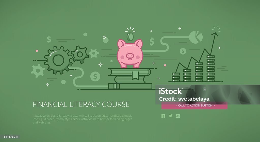 Financial literacy course linear web illustration Financial literacy course modern line vector illustration for web banners, hero images, web sites and landing pages with call to action button and social media icons. Ready for use. Financial Literacy stock vector