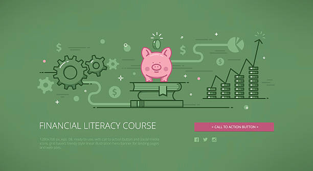 Financial literacy course linear web illustration Financial literacy course modern line vector illustration for web banners, hero images, web sites and landing pages with call to action button and social media icons. Ready for use. financial literacy vector stock illustrations