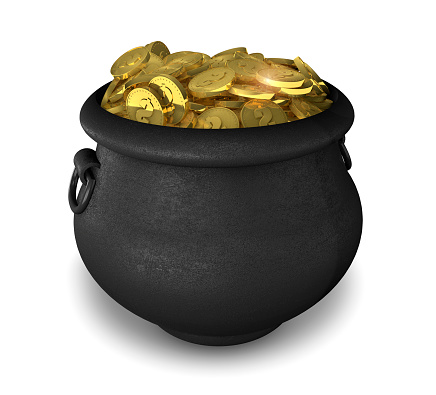 A large cast iron pot filled with gold coins.  Please see my portfolio for other 3D images. 