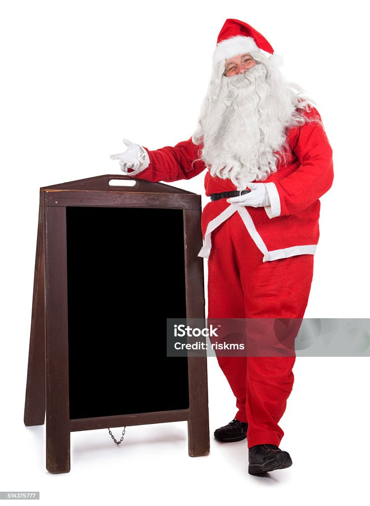 Santa Claus with empty menu Santa Claus standing beside advertising board Adult Stock Photo