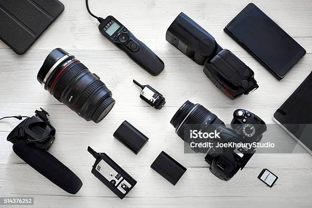 Photographer Videographer Kit Stock Photo - Download Image Now - Camera - Photographic Equipment, Equipment, Microphone