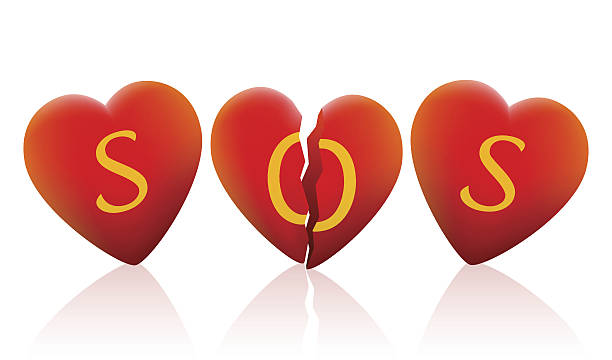 Three Hearts SOS Three hearts that say SOS, the heart in the middle is broken. Isolated vector illustration on white background. succor stock illustrations