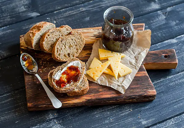 Photo of Homemade whole grain bread, cheese and figs jam