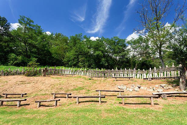 istock Benches in a fenced rural environment 514377665