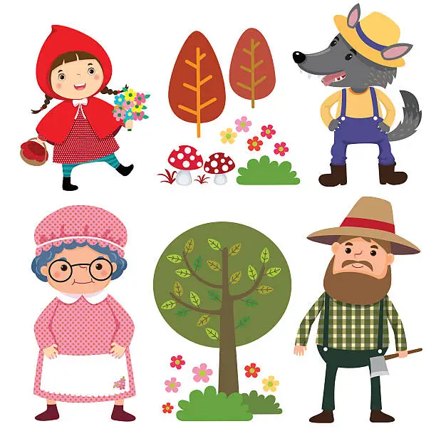 Vector illustration of Set of characters from Little Red Riding Hood fairy tale