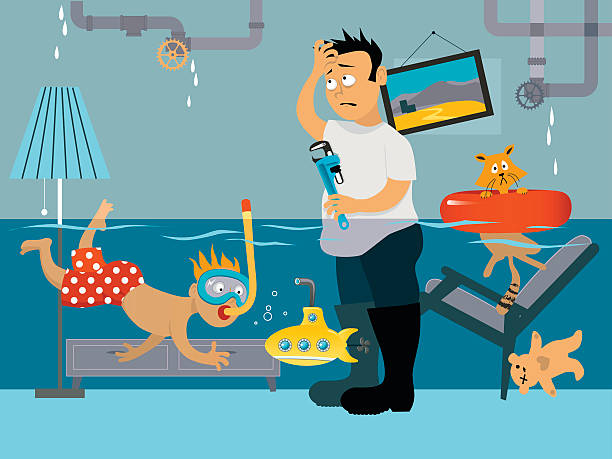 Leaking plubming Kid snorkeling in a flooded room, his father looking at the leaking plumbing, EPS 8 vector illustration flooded home stock illustrations