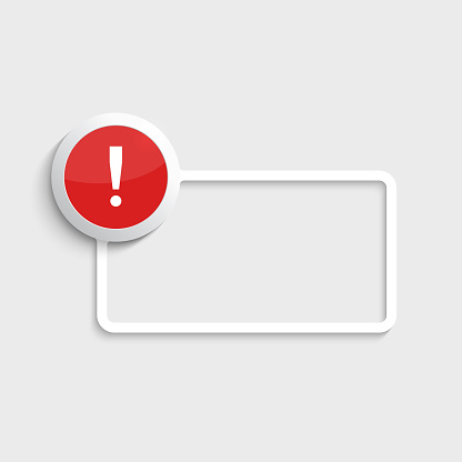 Exclamation mark icon. Attention sign icon. Hazard warning symbol  in glossy red button with paper frame for your text. vector