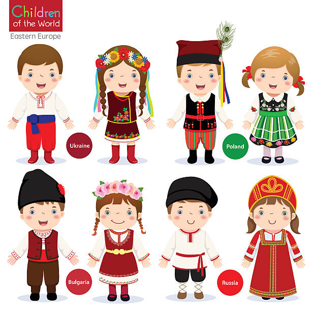 kinder in verschiedenen traditionellen kostümen (ukraine und polen, bulgarien, russland - polish culture stock-grafiken, -clipart, -cartoons und -symbole