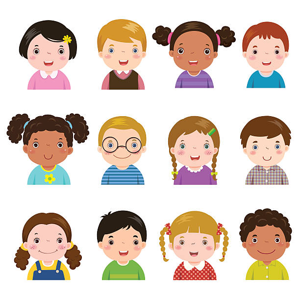 Set of different avatars of boys and girls Vector illustration set of different avatars of boys and girls on a white background. Different skin tones, hair colors and styles. Pigtails stock illustrations