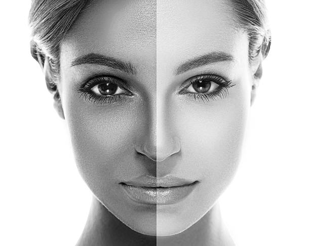istock Beautiful woman face close up before after isolated on white 514381102